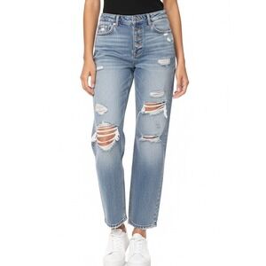 Altar'd State Distressed Straight Leg Denim Jeans 29 Waist Button Fly Light Wash